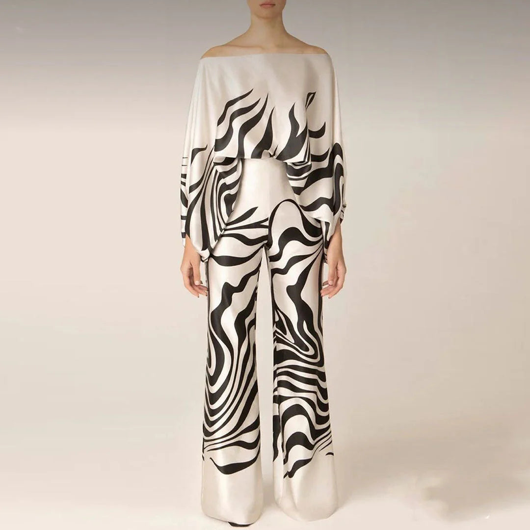Emma - Wave Print Satin One-Shoulder Top & Wide-Leg Pants Set