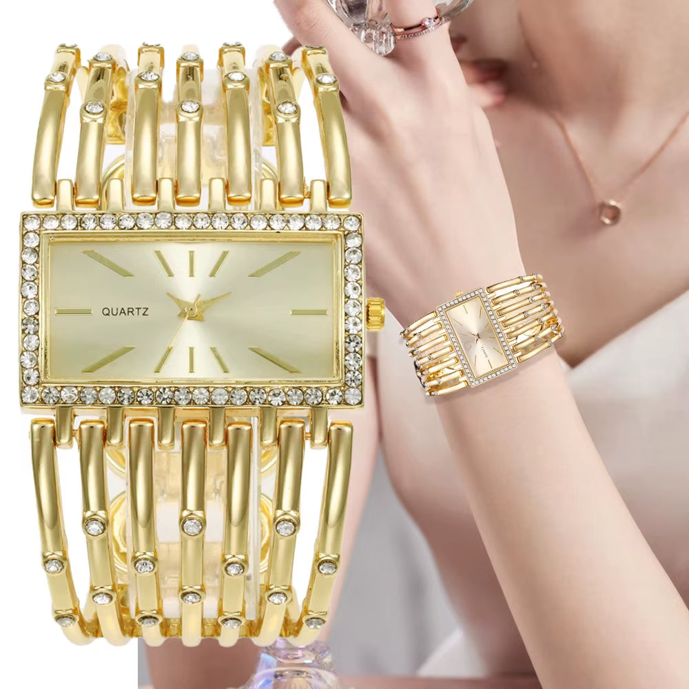 Luxury Qualities Women'S Fashion 2025 Diamond Rectangle Watches Gold Alloy Bracelet Wristwatches Simple Ladies Quartz Clock Gift