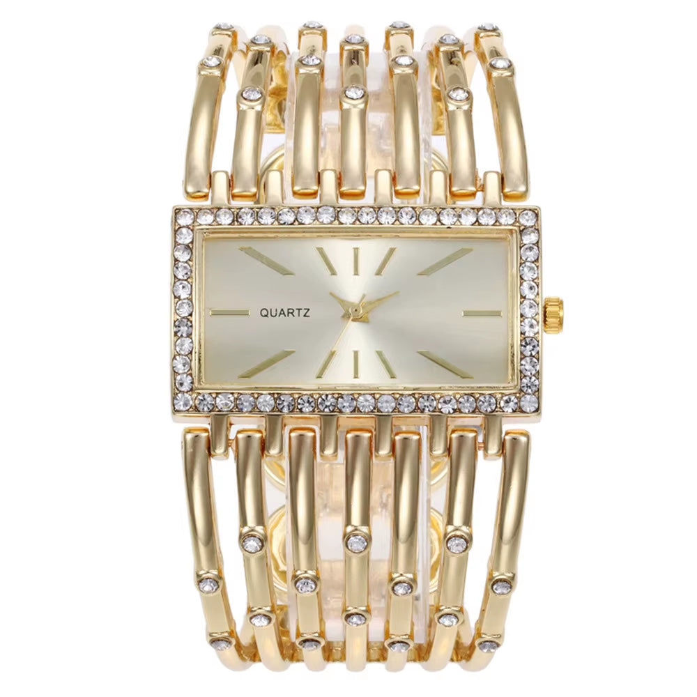 Luxury Qualities Women'S Fashion 2025 Diamond Rectangle Watches Gold Alloy Bracelet Wristwatches Simple Ladies Quartz Clock Gift