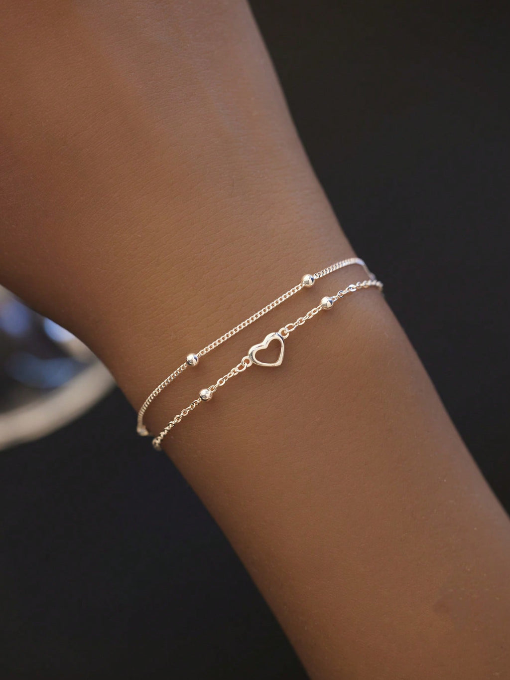 SYMFNY 1Pc 925 Sterling Silver Minimalist Hollow Heart Double Layer Bracelet