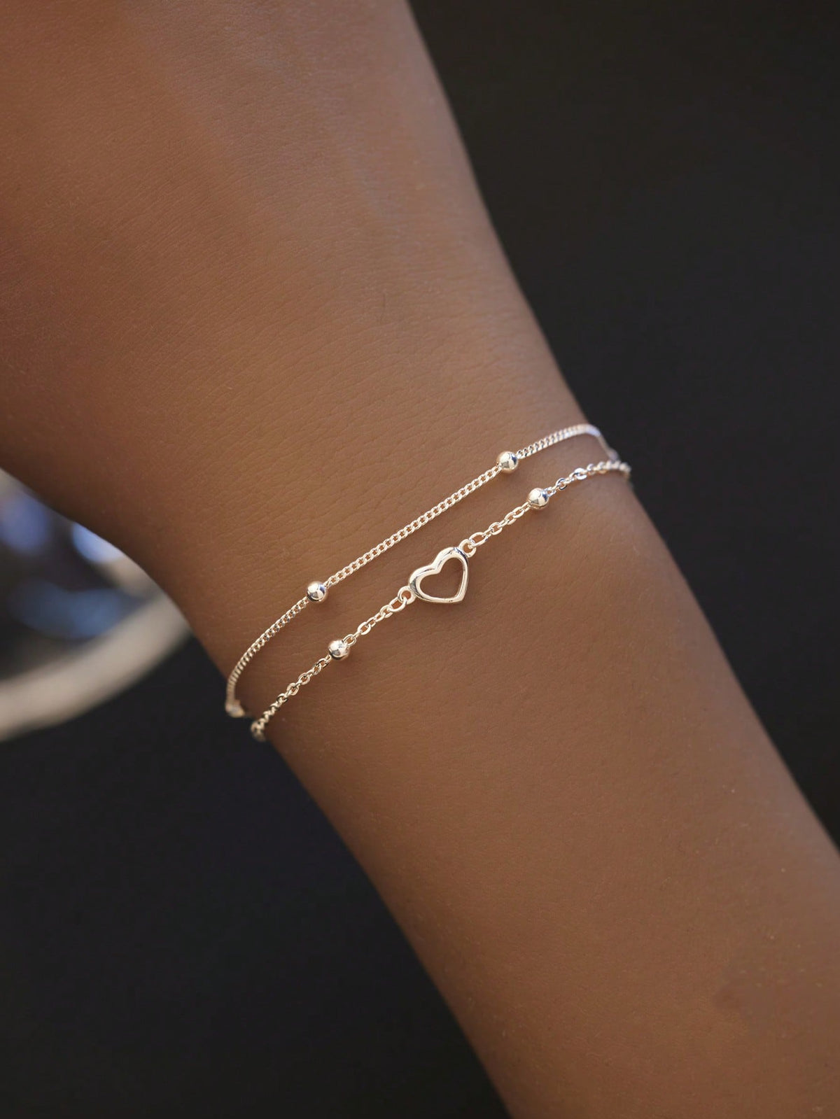 SYMFNY 1Pc 925 Sterling Silver Minimalist Hollow Heart Double Layer Bracelet