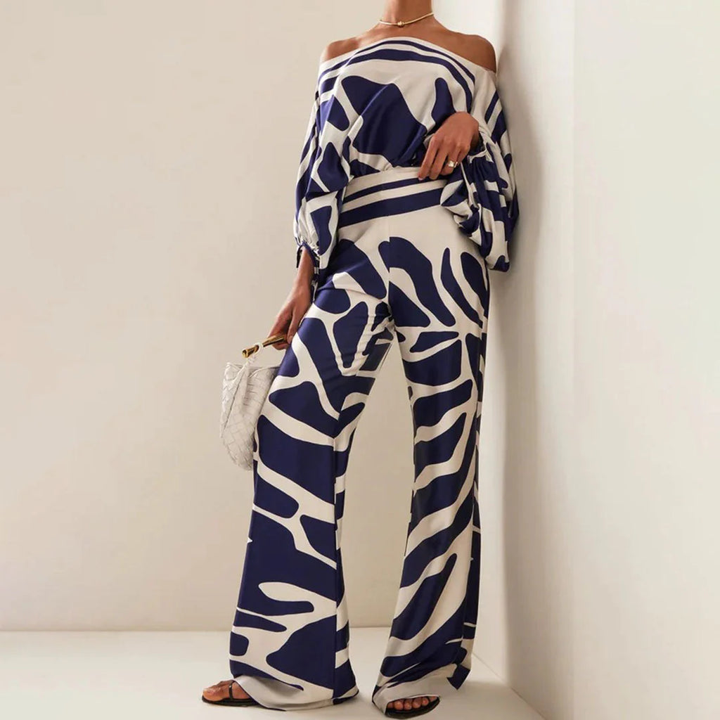 Emma - Wave Print Satin One-Shoulder Top & Wide-Leg Pants Set