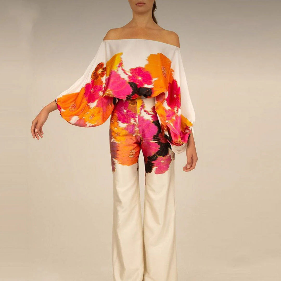 Emma - Wave Print Satin One-Shoulder Top & Wide-Leg Pants Set