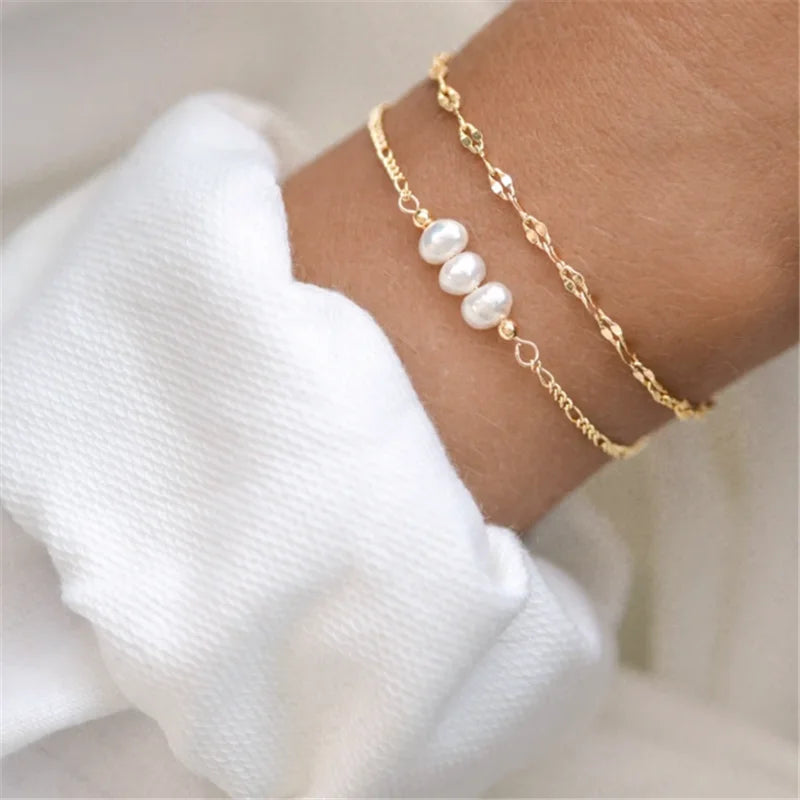 925 Sterling Silver Three Imitation Pearls Beads Chain Bracelets for Women with Extend Chain Heart Charm Bracelet Jewelry