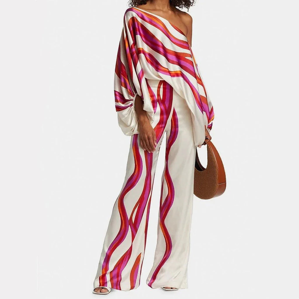 Emma - Wave Print Satin One-Shoulder Top & Wide-Leg Pants Set