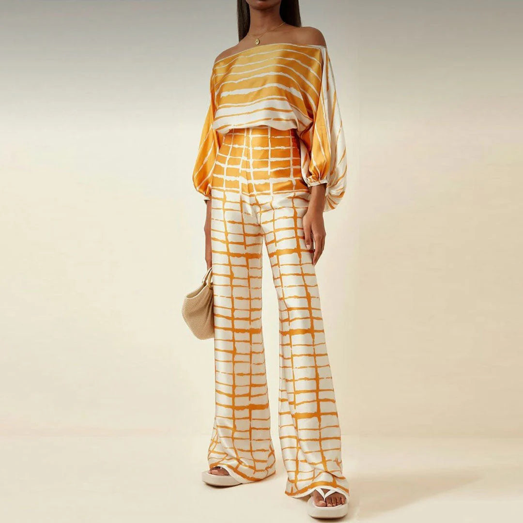 Emma - Wave Print Satin One-Shoulder Top & Wide-Leg Pants Set
