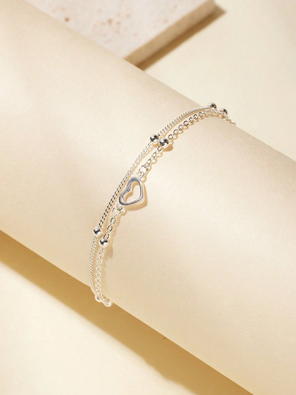 SYMFNY 1Pc 925 Sterling Silver Minimalist Hollow Heart Double Layer Bracelet