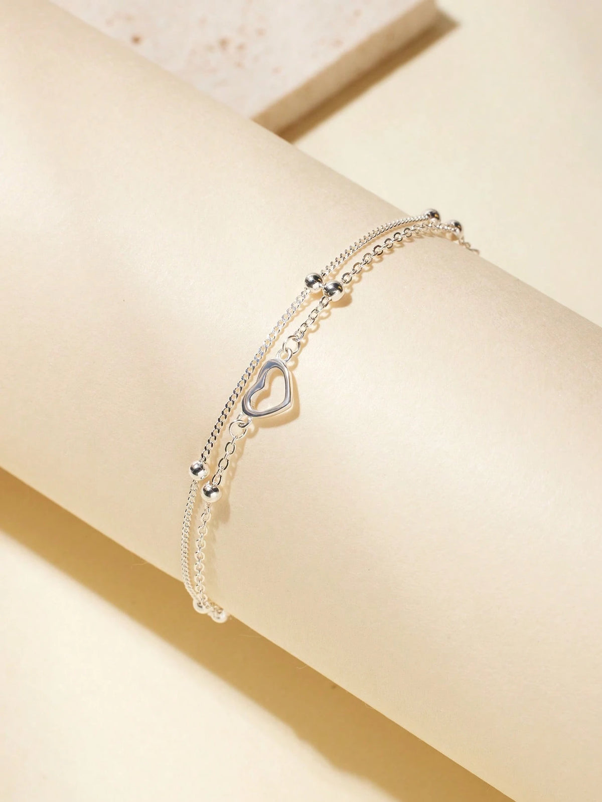 SYMFNY 1Pc 925 Sterling Silver Minimalist Hollow Heart Double Layer Bracelet