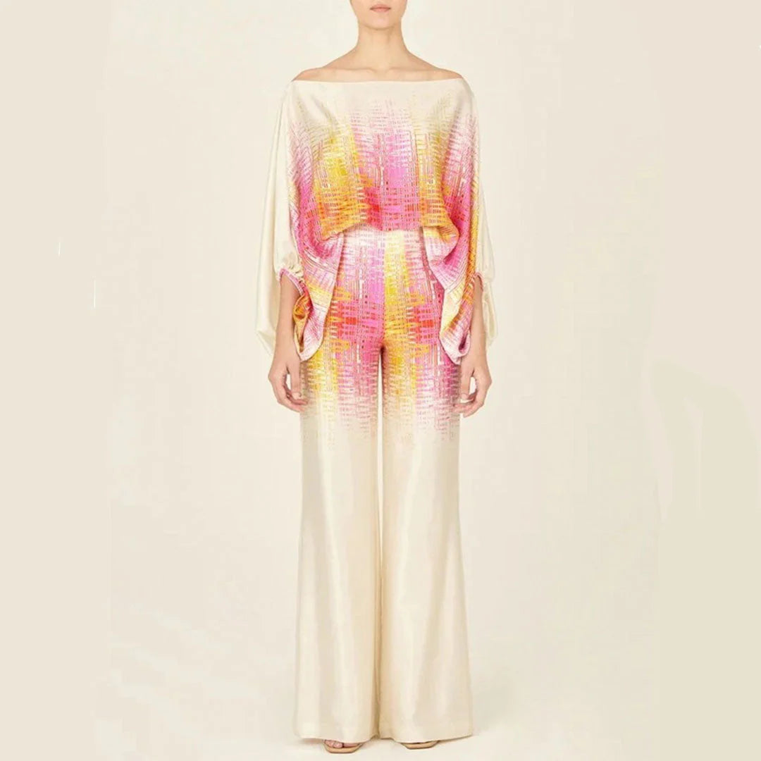 Emma - Wave Print Satin One-Shoulder Top & Wide-Leg Pants Set
