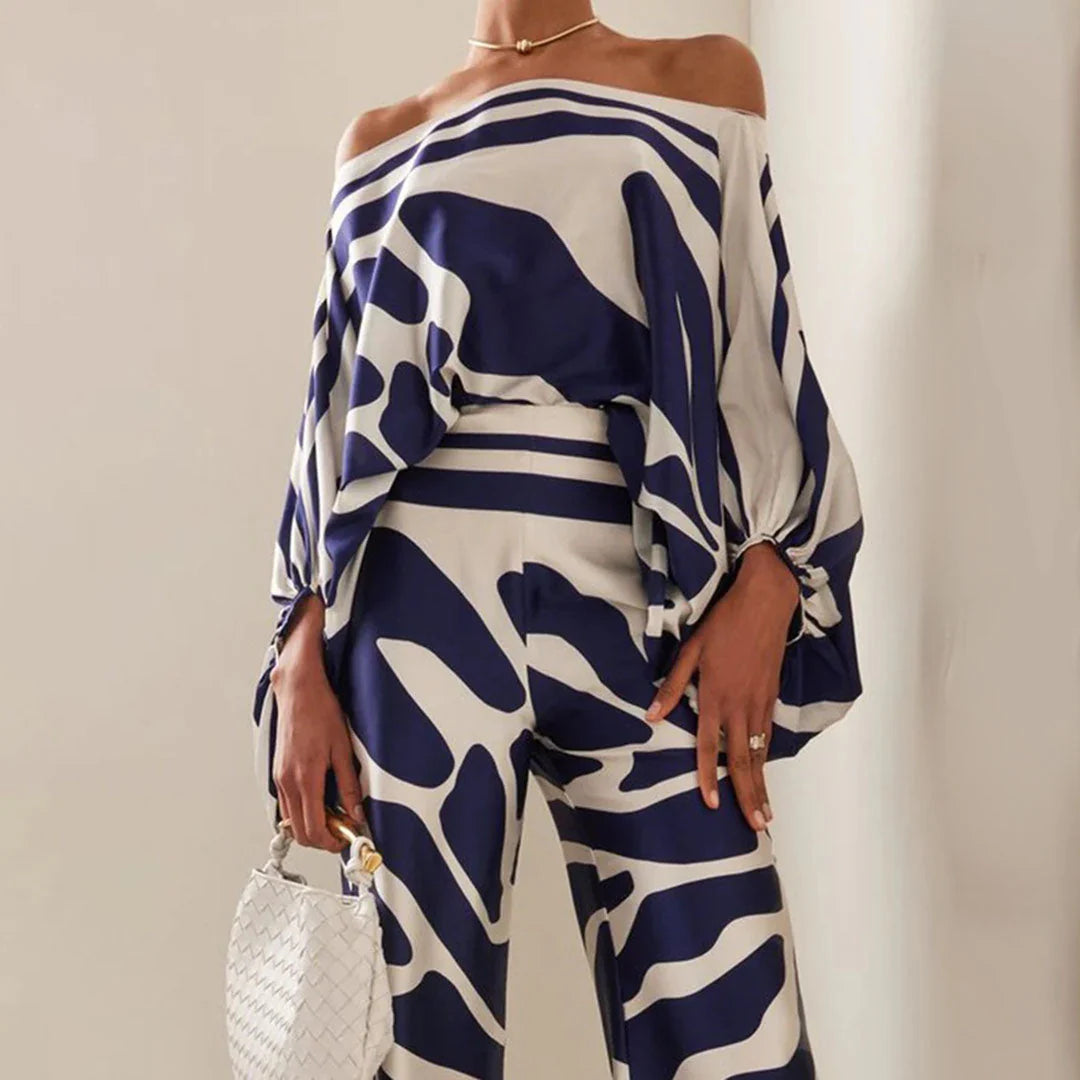 Emma - Wave Print Satin One-Shoulder Top & Wide-Leg Pants Set