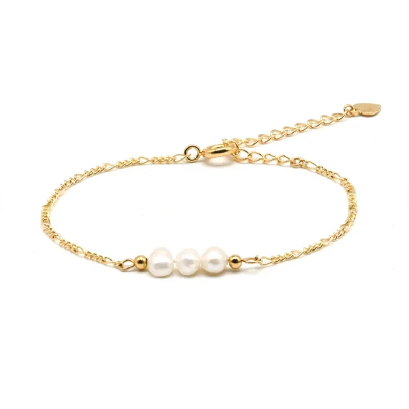 925 Sterling Silver Three Imitation Pearls Beads Chain Bracelets for Women with Extend Chain Heart Charm Bracelet Jewelry