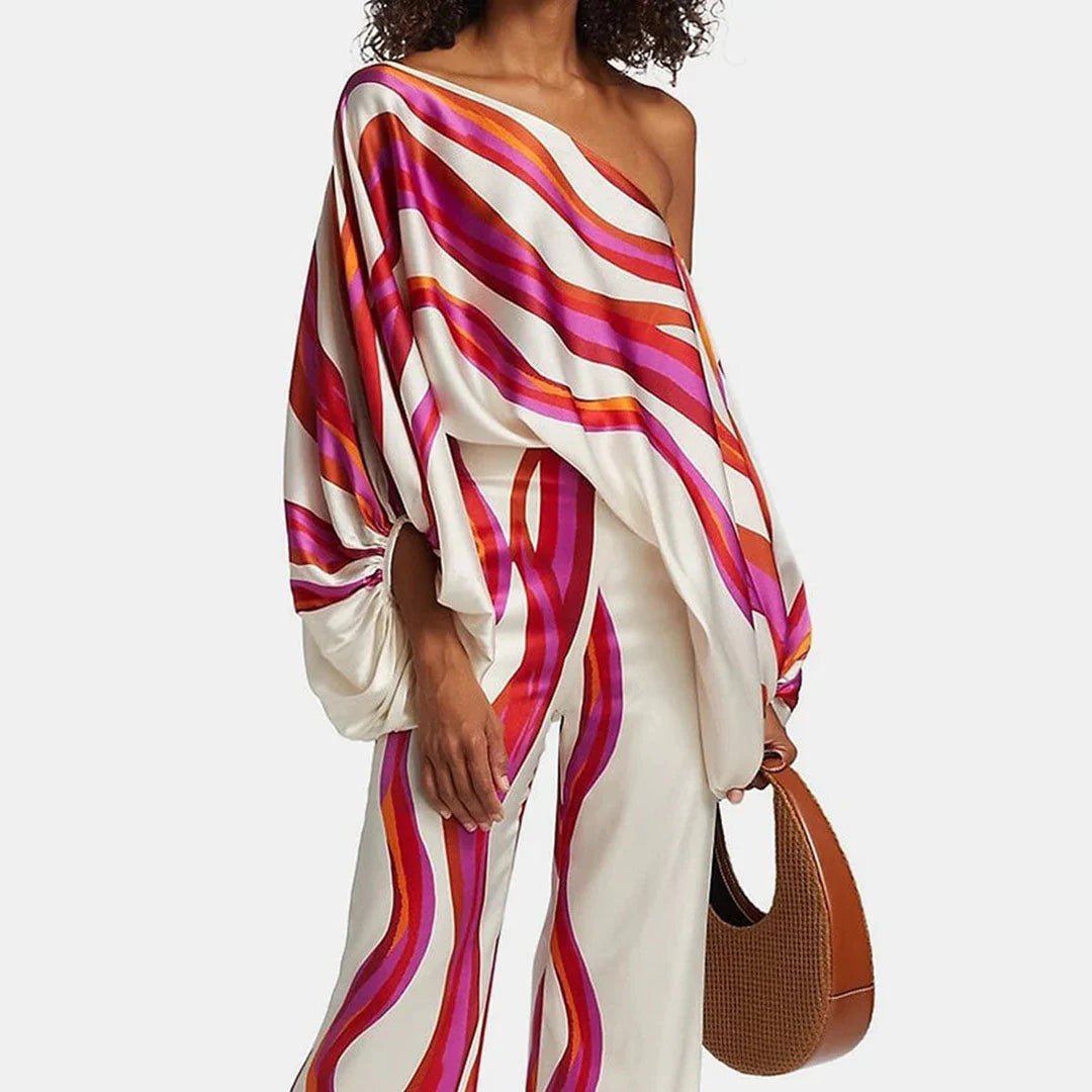 Emma - Wave Print Satin One-Shoulder Top & Wide-Leg Pants Set