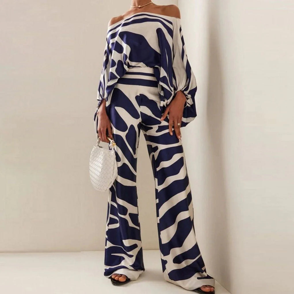 Emma - Wave Print Satin One-Shoulder Top & Wide-Leg Pants Set