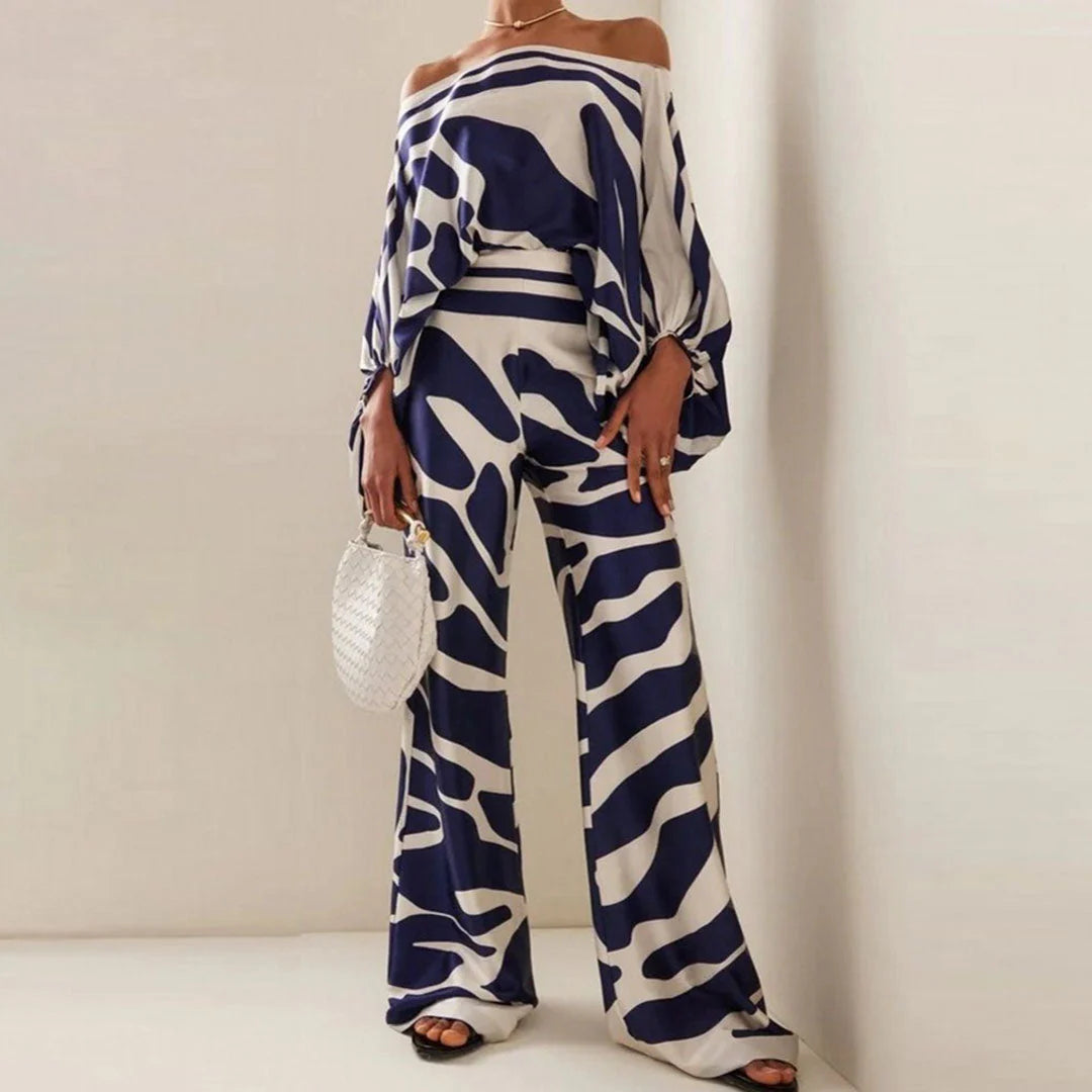 Emma - Wave Print Satin One-Shoulder Top & Wide-Leg Pants Set