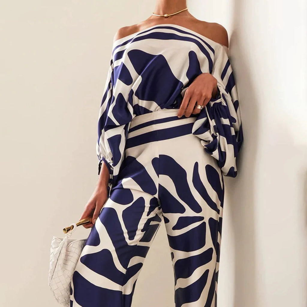 Emma - Wave Print Satin One-Shoulder Top & Wide-Leg Pants Set