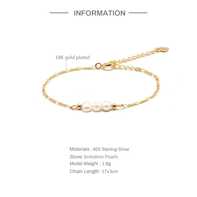 925 Sterling Silver Three Imitation Pearls Beads Chain Bracelets for Women with Extend Chain Heart Charm Bracelet Jewelry