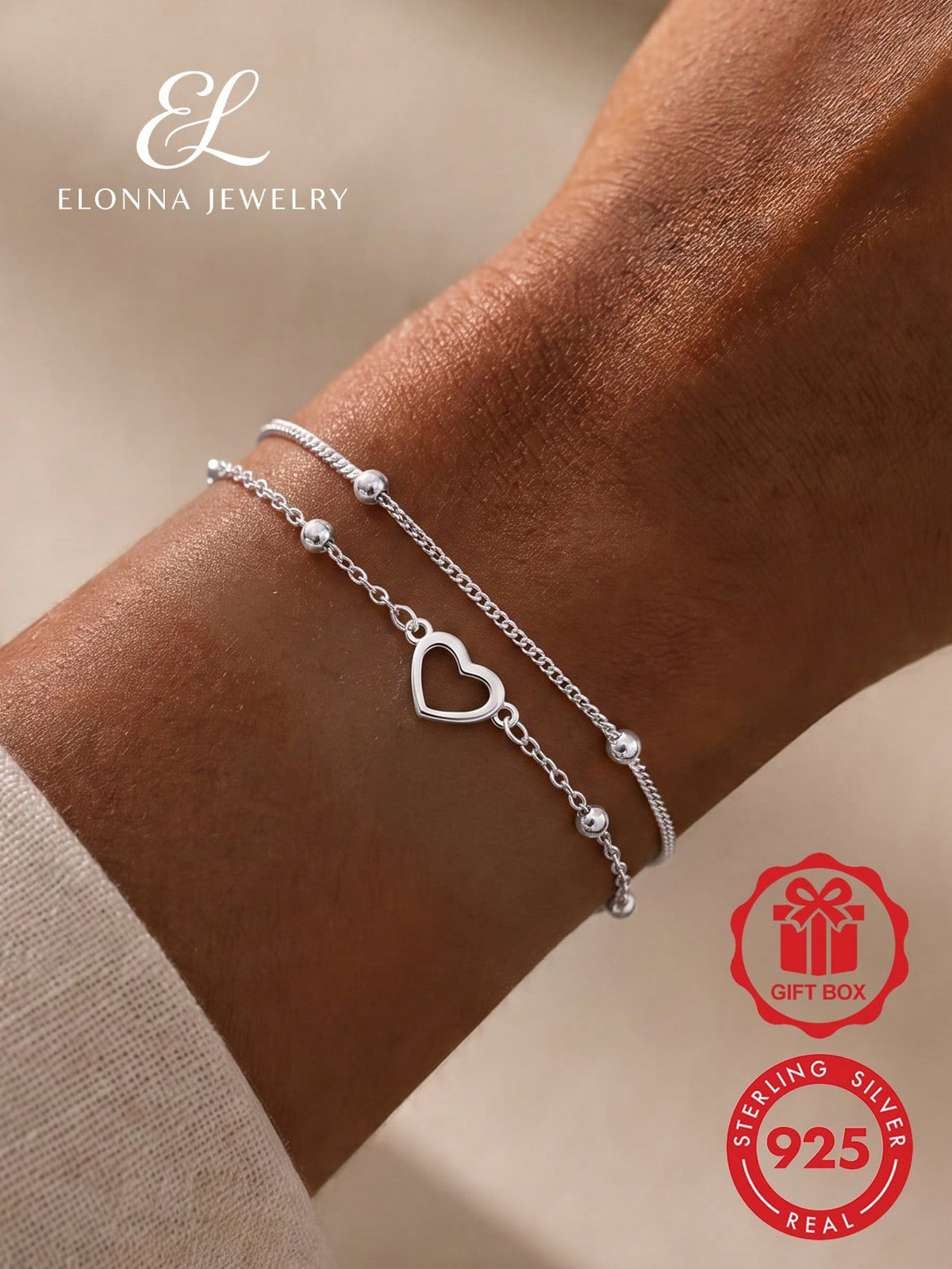 SYMFNY 1Pc 925 Sterling Silver Minimalist Hollow Heart Double Layer Bracelet