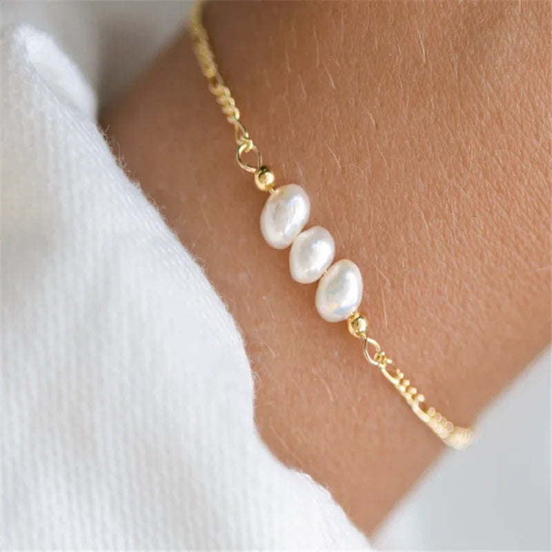 925 Sterling Silver Three Imitation Pearls Beads Chain Bracelets for Women with Extend Chain Heart Charm Bracelet Jewelry